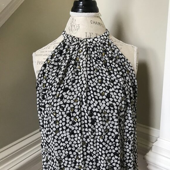 DVF Halter Neck Silk Print Blouse Top Shirt Womens Small Black White Beaded Gems - Picture 5 of 14